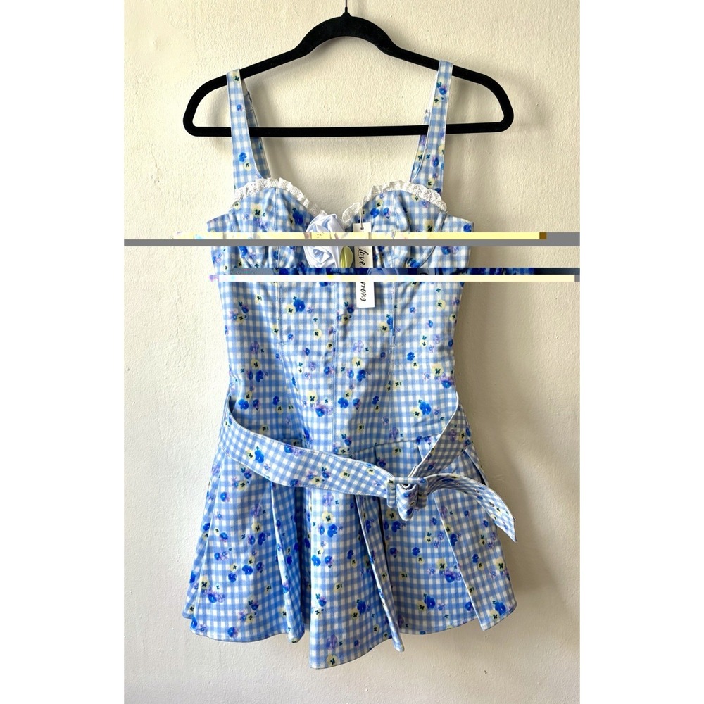 For Love & Lemons NEW $461 Brigitta Rose-Embellished Gingham Mini Dress Small - Picture 4 of 8